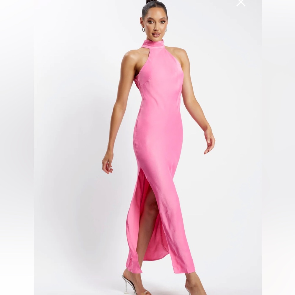 Pink Satin Halter Maxi Dress